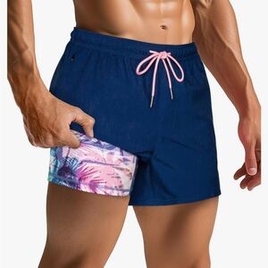 Stylish Men's Navy Swim Trunks with Pink Accent